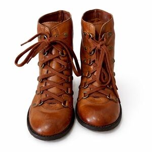 BP. Nordstrom Leather Lace-Up Ankle Boots Brown Stacked Heel Sz 10 Boho Western